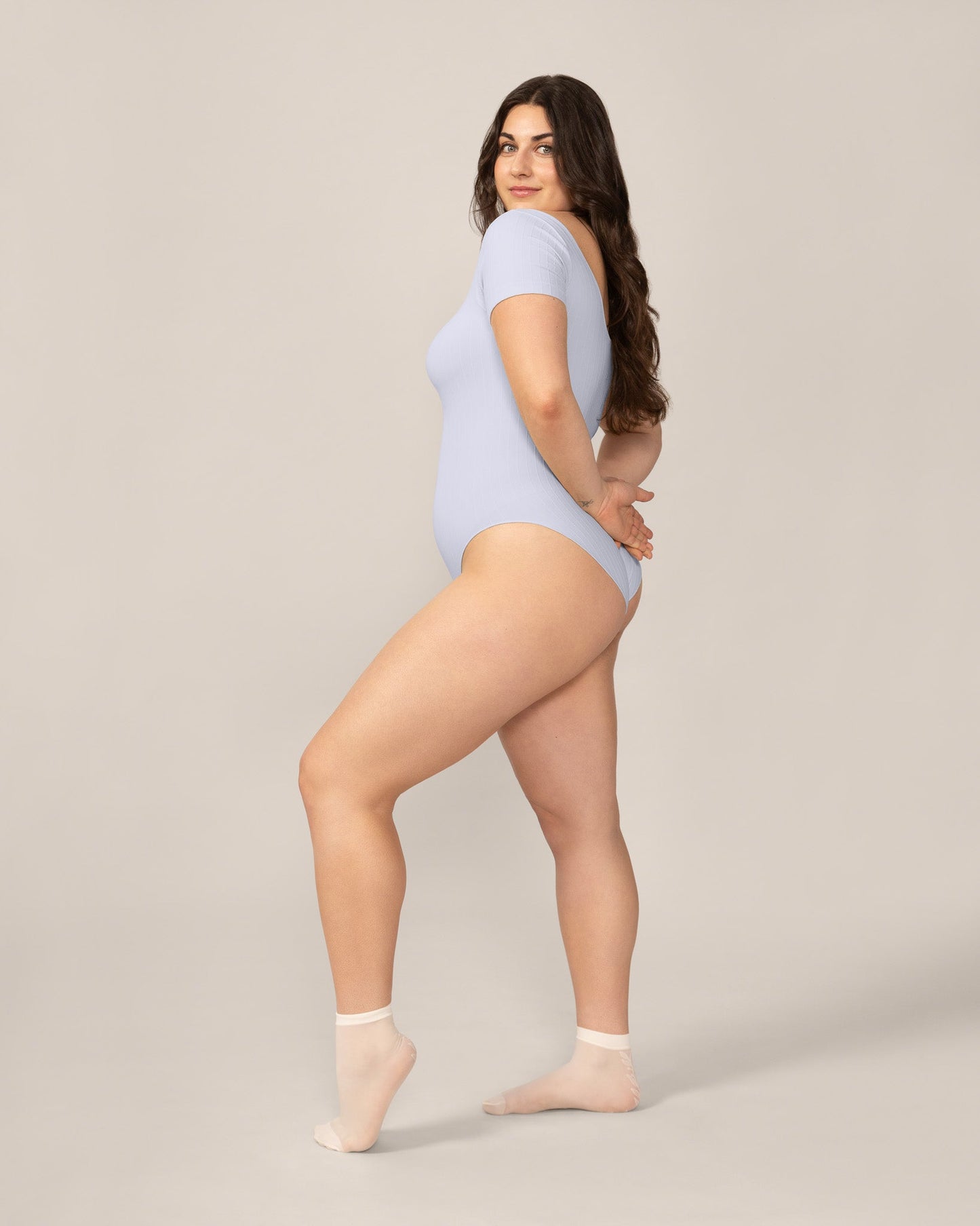 Seamless Wide Rib T-Bodysuit in Pastel Blue