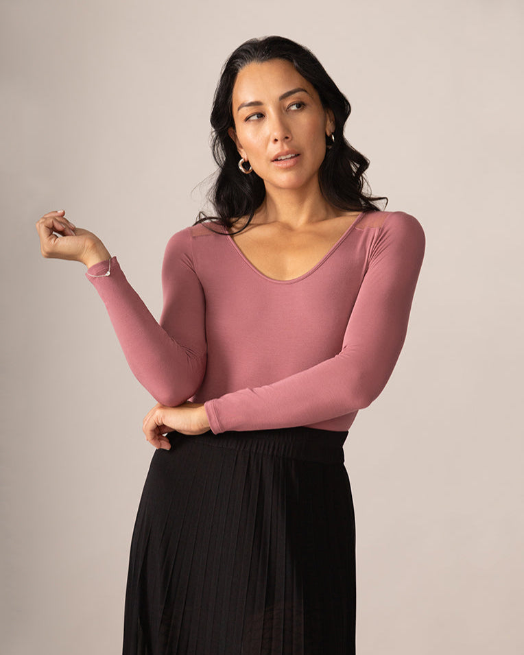Longsleeve Bodysuit with Sheer Back in Rosewood